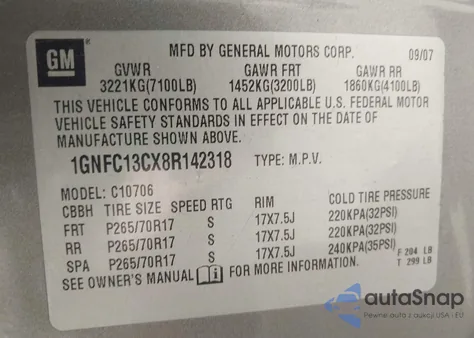 2008 Chevrolet Tahoe from USA, damaged, VIN 1GNFC13CX8R142318